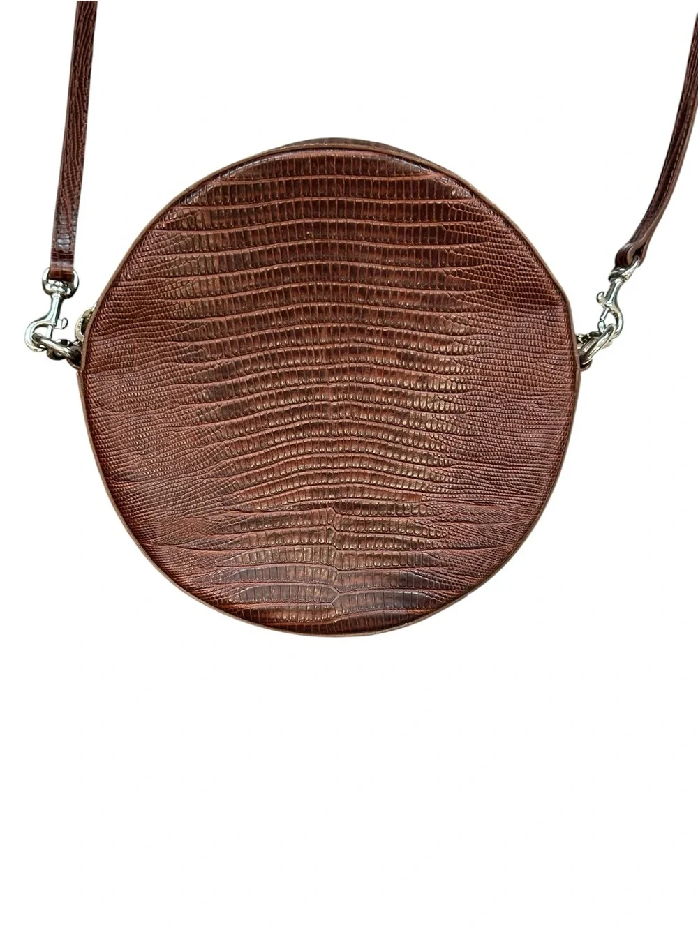 Little Liffner Croc-Embossed Leather Tambourine Circular Crossbody Cognac Brown